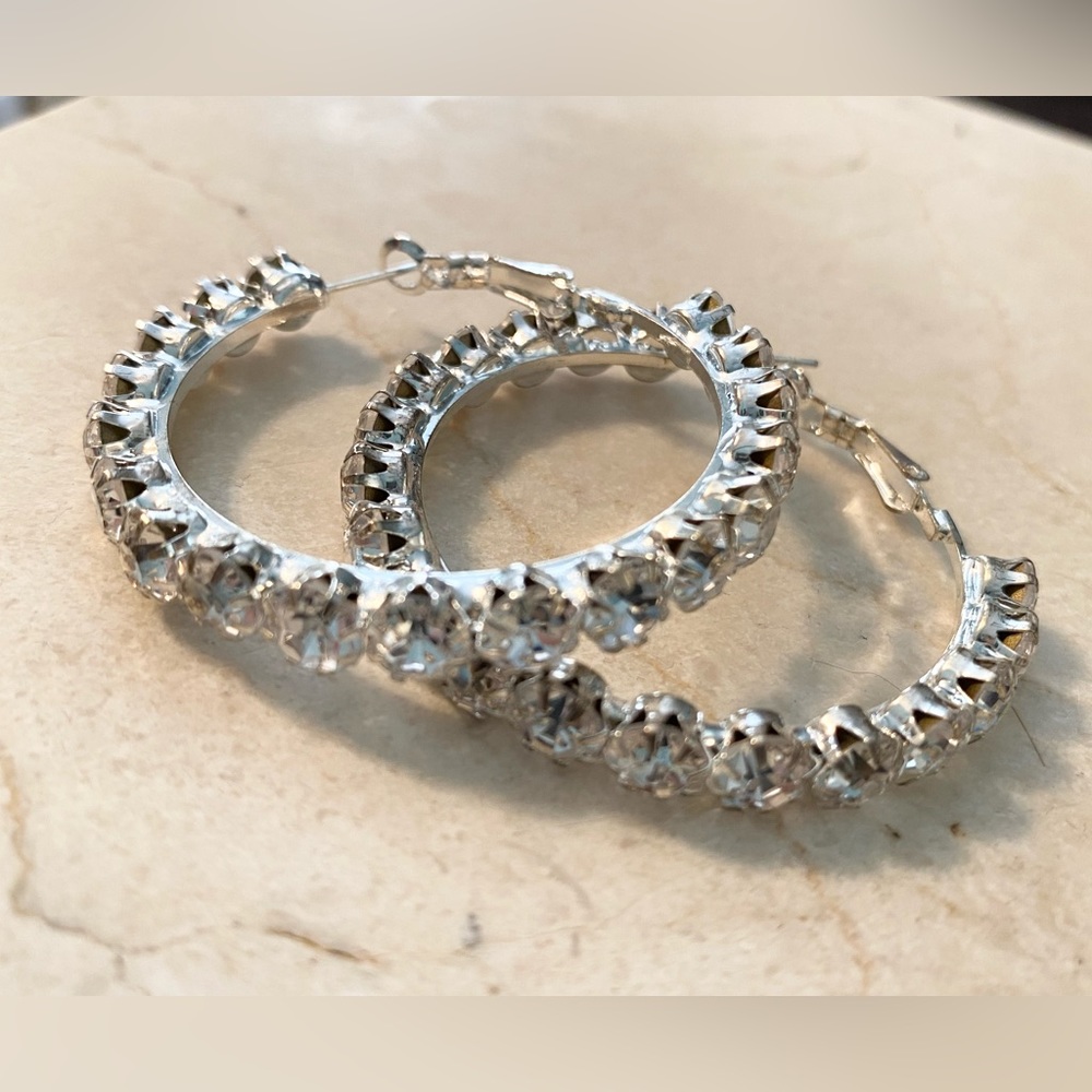 Huge faux diamond and silver plated hoop earrings
